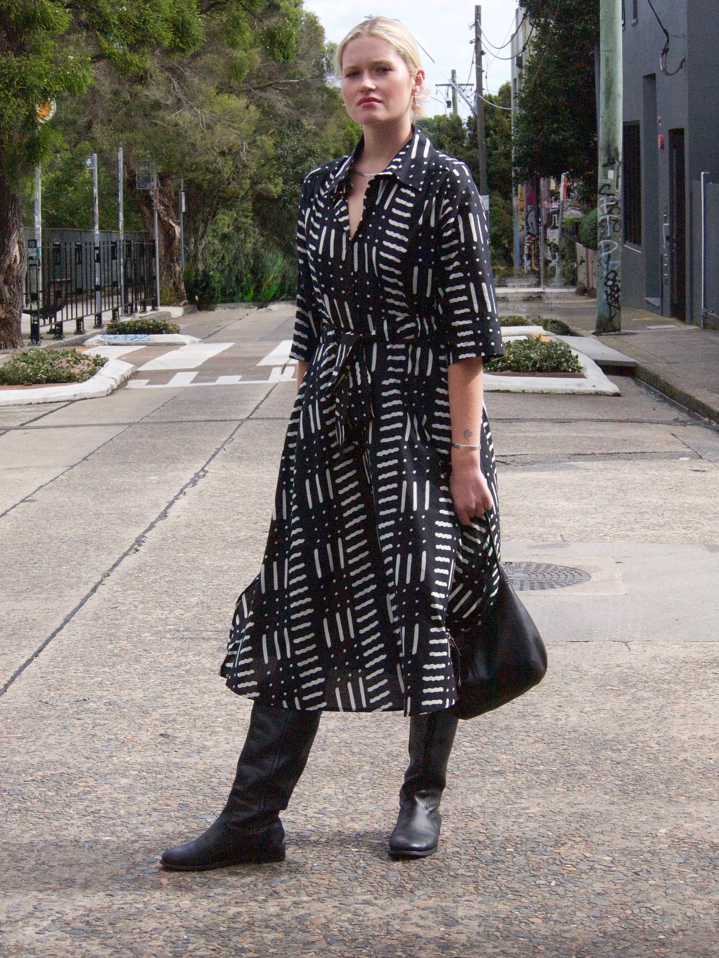 Cotton Dress in Black and Ecru