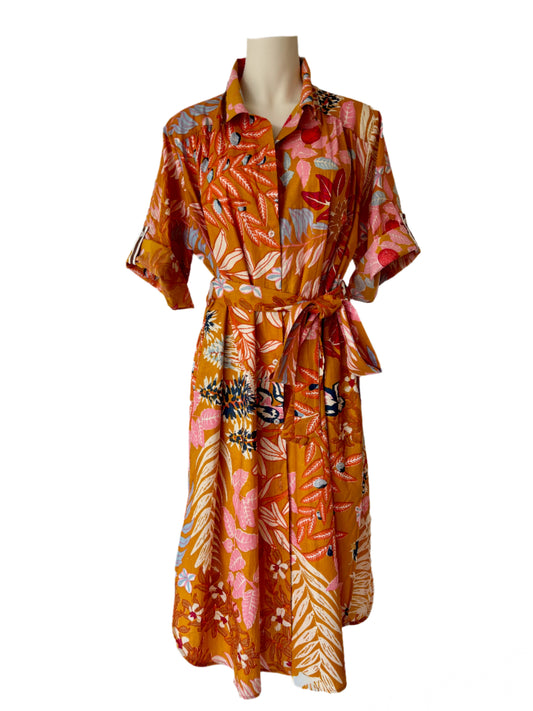 Cotton Shirt Dress in Orange